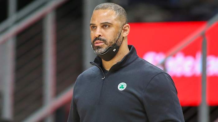 Celtics coach Ime Udoka on the sideline against the Hawks.